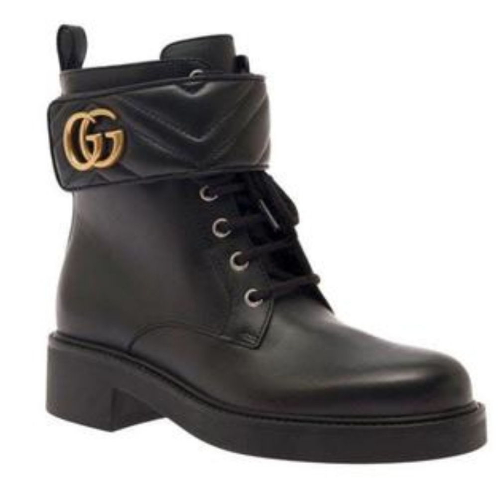 Gucci GG Marmont Black Leather Ankle Boots Combat Style Size 8B - Picture 6 of 10